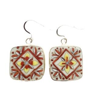 Artisan Ceramic Talavera Tile Mosaic Square Drop Earrings Terracotta Boho Dangle